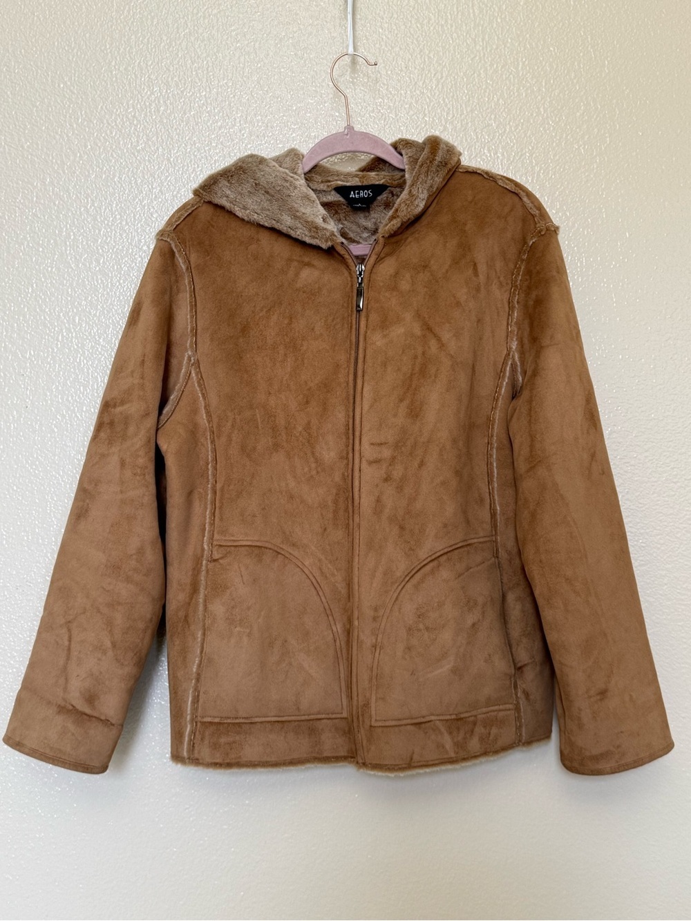 Vintage AEROS Faux Suede Sherpa Hooded Jacket Brown Y2K Large - Picture 2 of 13